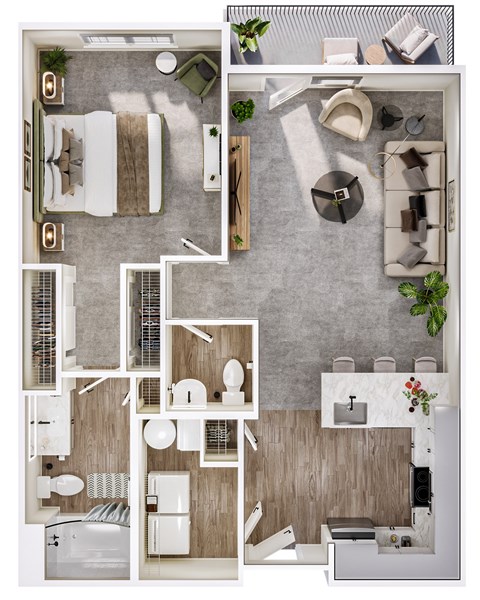 Floor plan for 1 bed, 1.5 baths, 824 sqft
